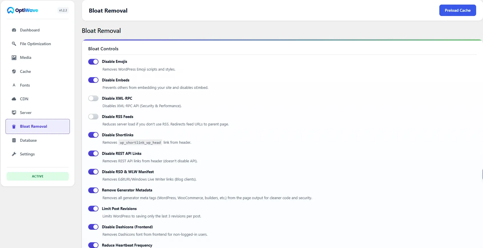 OptiWave Bloat Removal controls screenshot