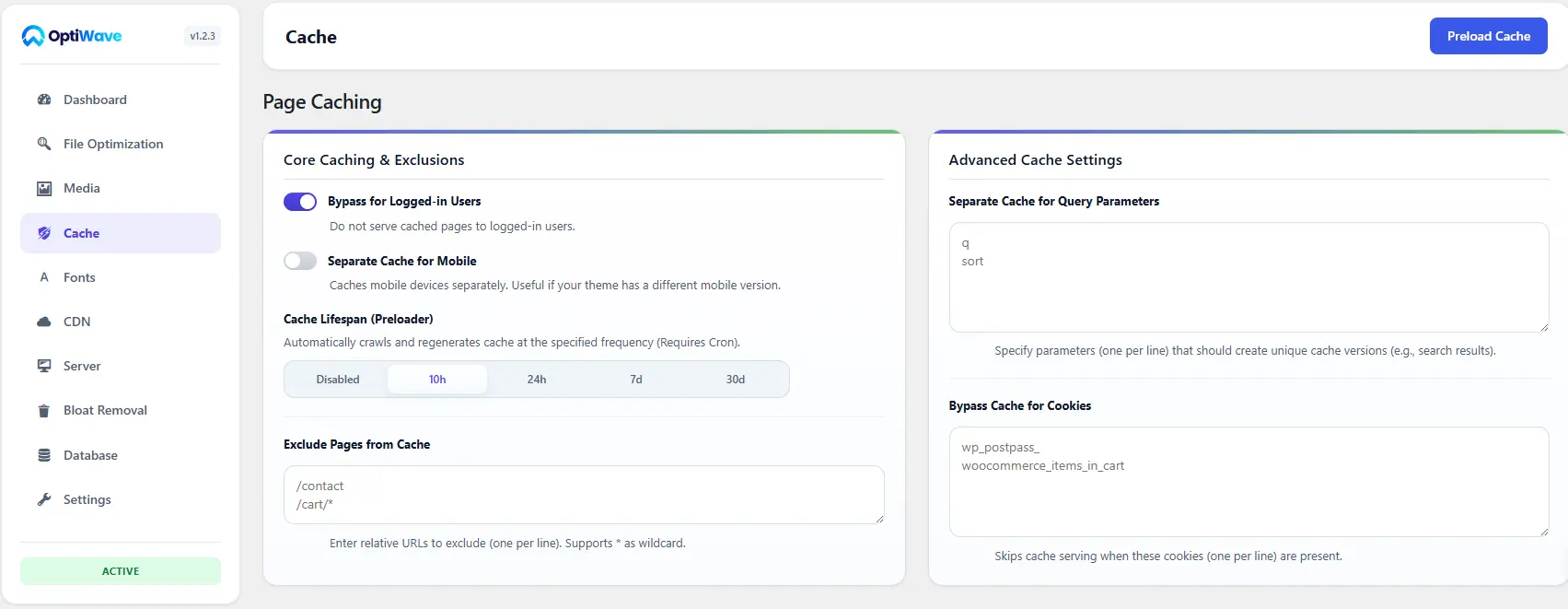 OptiWave Page Caching settings screenshot