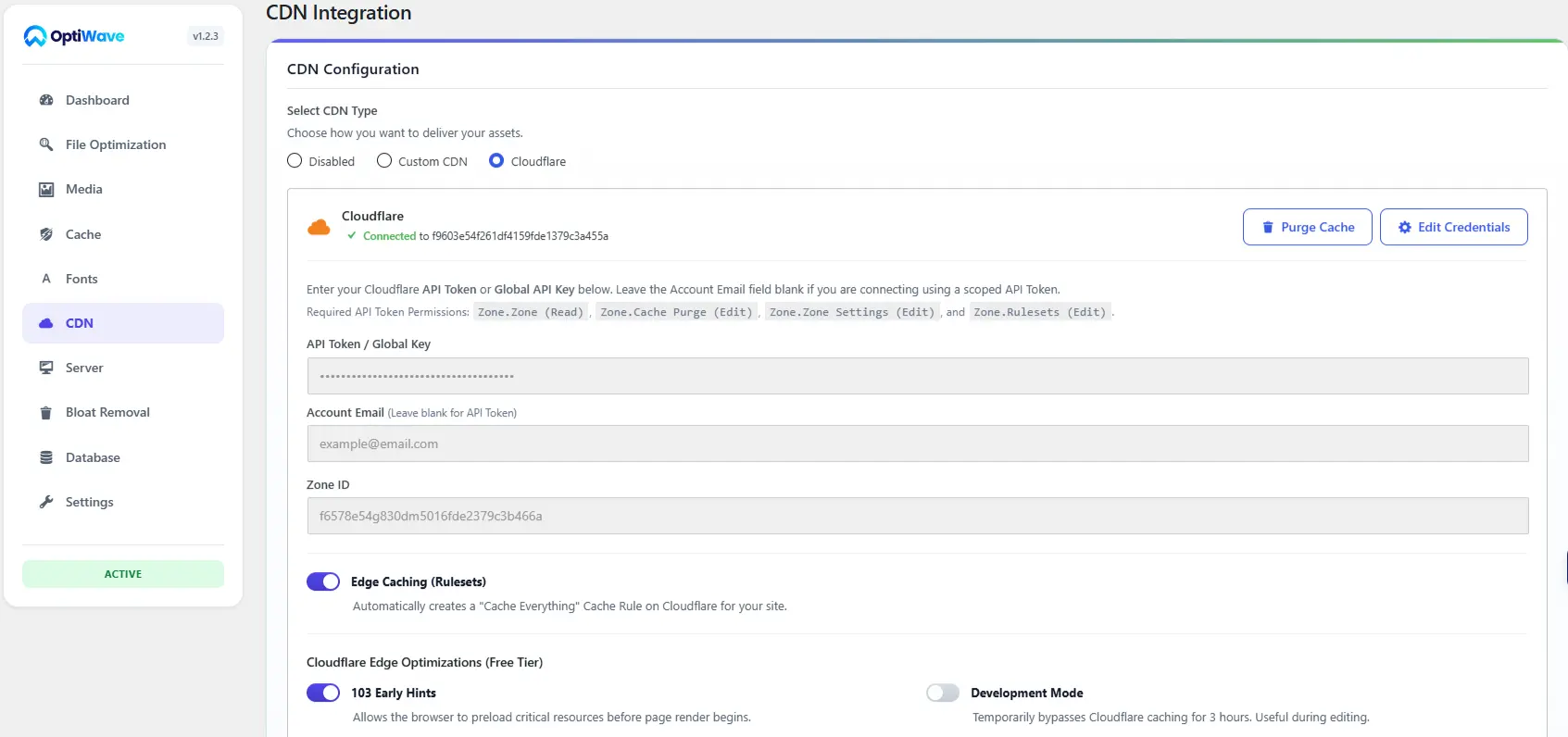 OptiWave CDN Integration Cloudflare settings screenshot