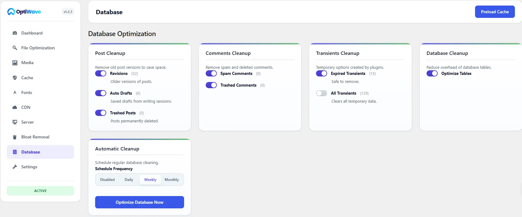 OptiWave Database Optimization settings screenshot