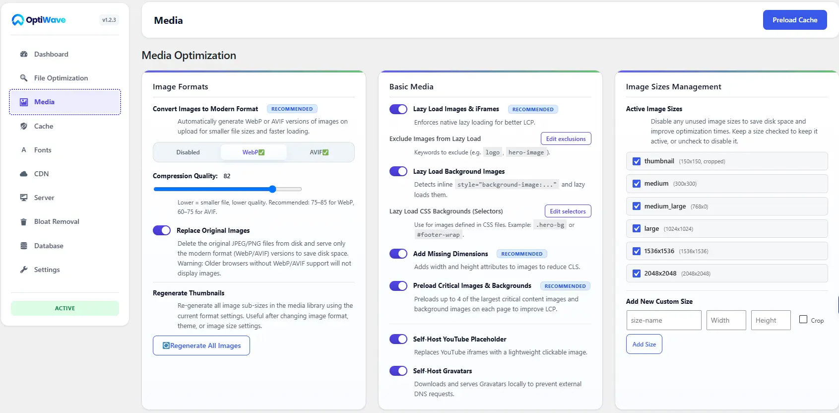 OptiWave Media Optimization WebP AVIF lazy loading screenshot