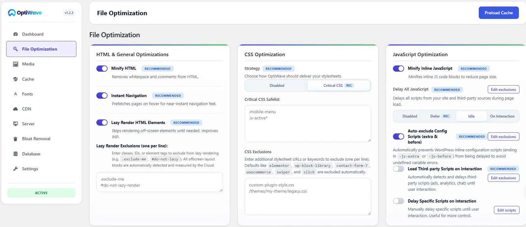 OptiWave File Optimization CSS JS HTML settings screenshot