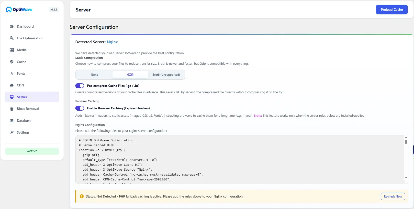 OptiWave Server Configuration Apache Nginx LiteSpeed screenshot