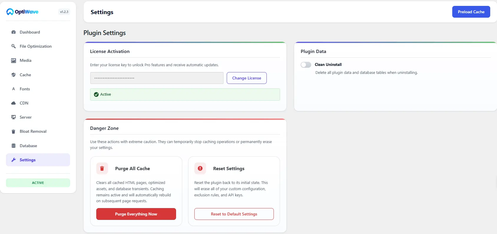 OptiWave Plugin Settings license activation screenshot