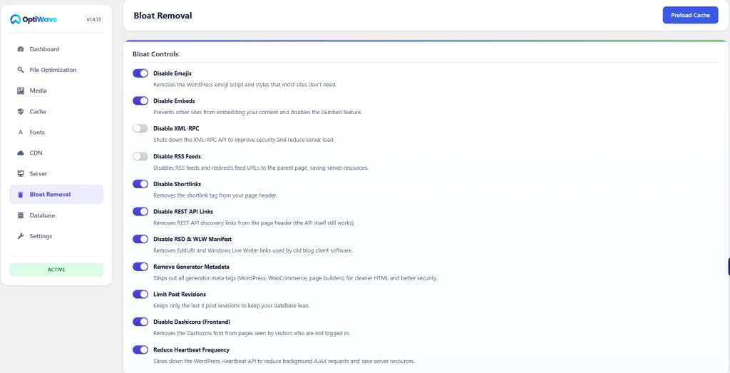 OptiWave Bloat Cleaner dashboard showing 11 toggles to disable WordPress emojis, oEmbeds, XML-RPC, and Dashicons.
