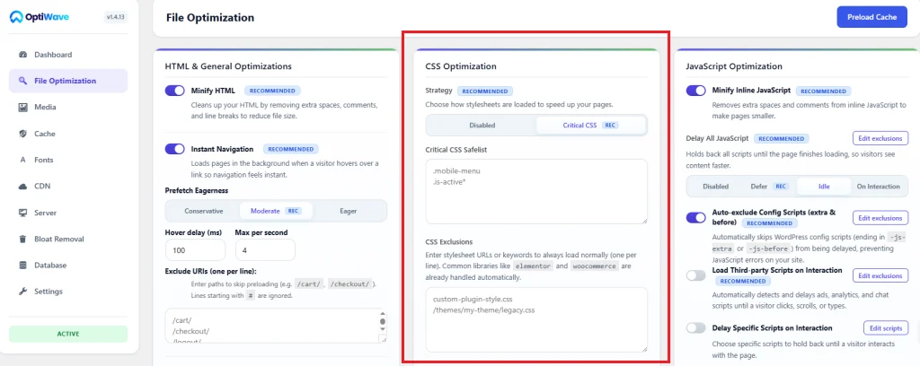 OptiWave CSS Optimization tab displaying Cloud Critical CSS generation status and dynamic class safelist rules.