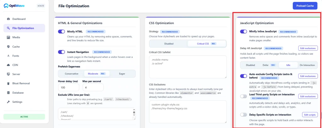 OptiWave JavaScript Optimization tab showing the 3-Way execution mode selector for Defer, Idle, and Interaction settings