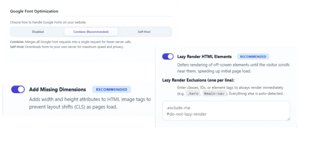 OptiWave dashboard settings for auto-injecting image dimensions, localizing Google Fonts, and lazy rendering offscreen containers.