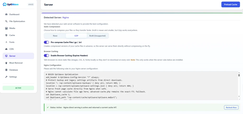 OptiWave Page Cache tab showing Layer 1 Zero-PHP server rewrite rules enabled for Apache .htaccess and Nginx configurations.