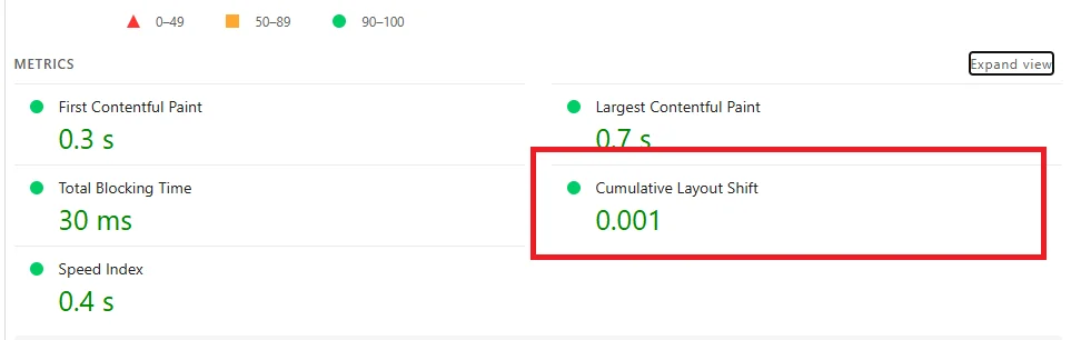 PageSpeed Insights performance report displaying Cumulative Layout Shift (CLS) audit results with highlighted layout shift elements.