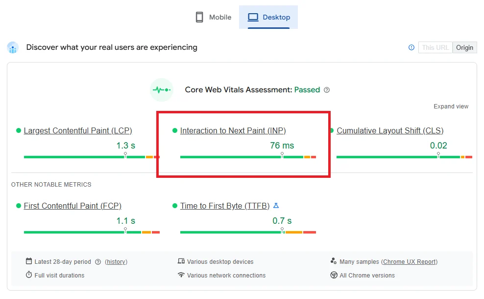PageSpeed Insights diagnostic report displaying an Interaction to Next Paint performance warning