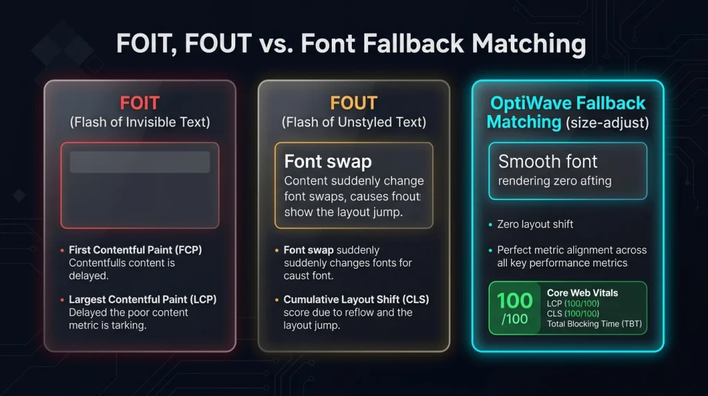 Diagram comparing FOIT Flash of Invisible Text vs FOUT Flash of Unstyled Text vs size-adjust font fallback matching