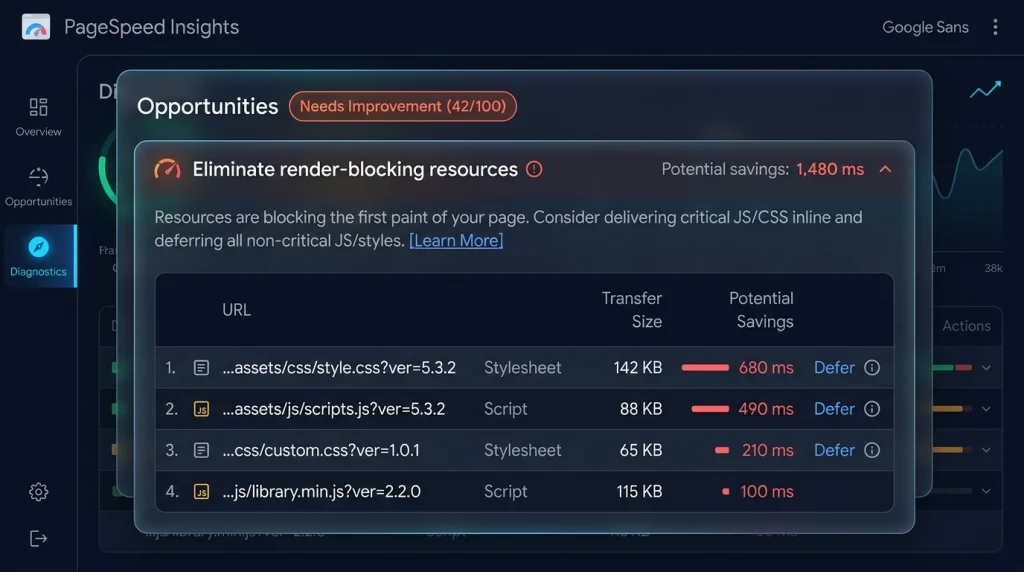 Google PageSpeed Insights diagnostic report showing Eliminate render-blocking resources opportunity with CSS and JavaScript file savings