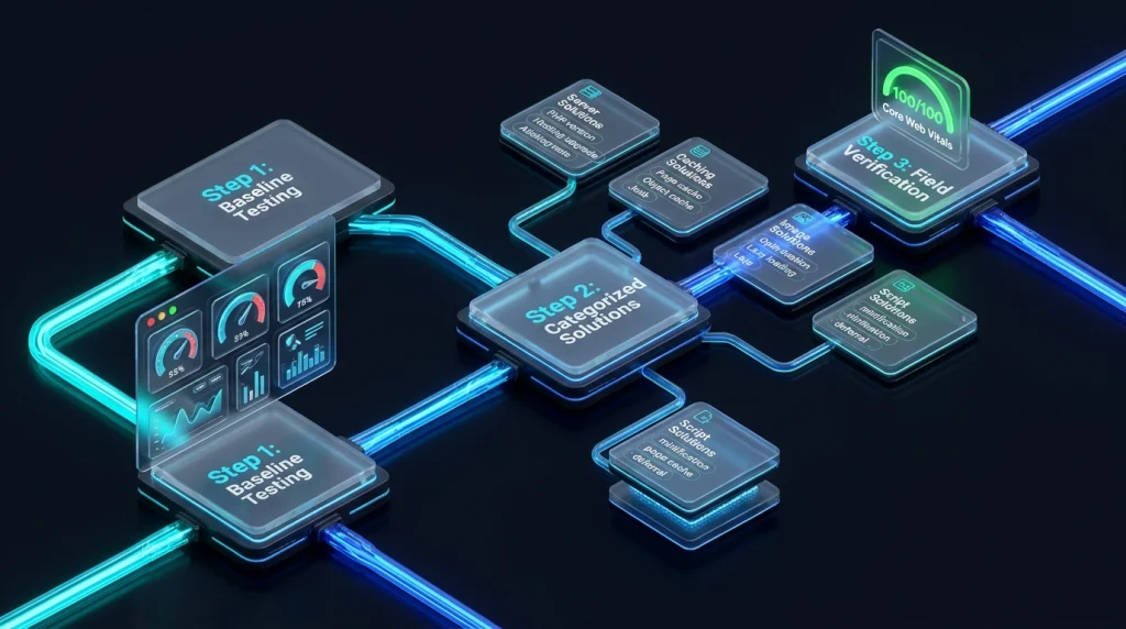 WordPress speed optimization guide 3-step architecture framework: baseline testing, categorized solutions, and field verification