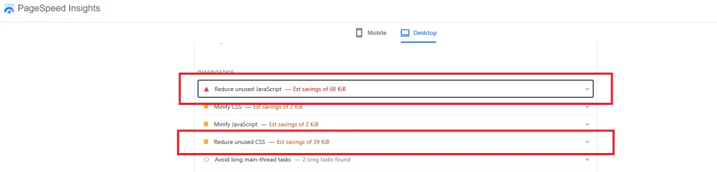 PageSpeed Insights report showing unused CSS and JavaScript performance warnings with byte savings.