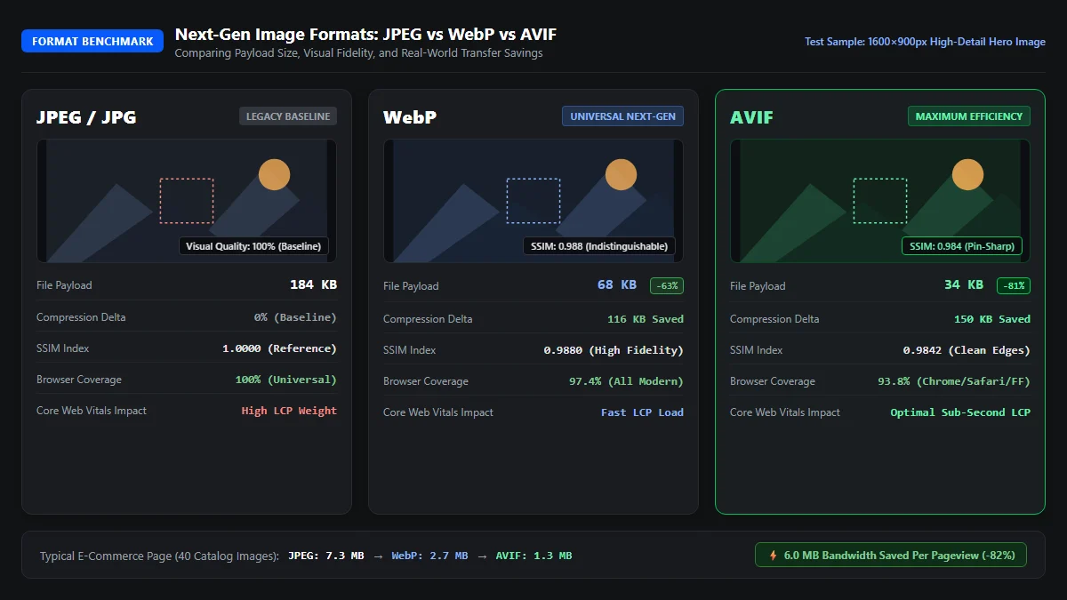 Comparison benchmark chart showing visual quality and file payload differences between JPEG, WebP, and AVIF image formats