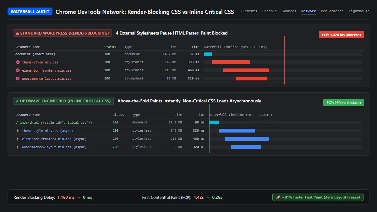Chrome DevTools network waterfall comparison showing render-blocking CSS delay versus instant inline Critical CSS First Contentful Paint